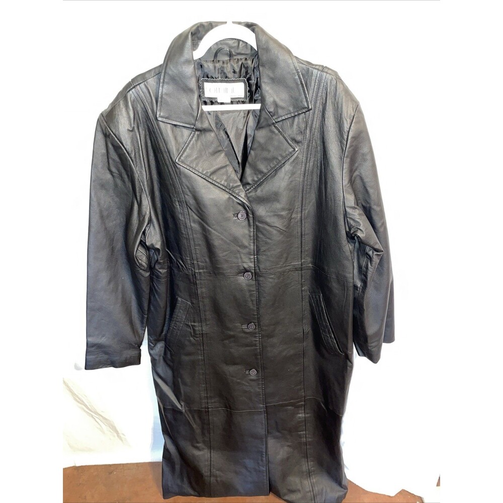 Vintage COMINT Women’s Trench Coat Sz 2X Black Leather Outdoors Event Going Out